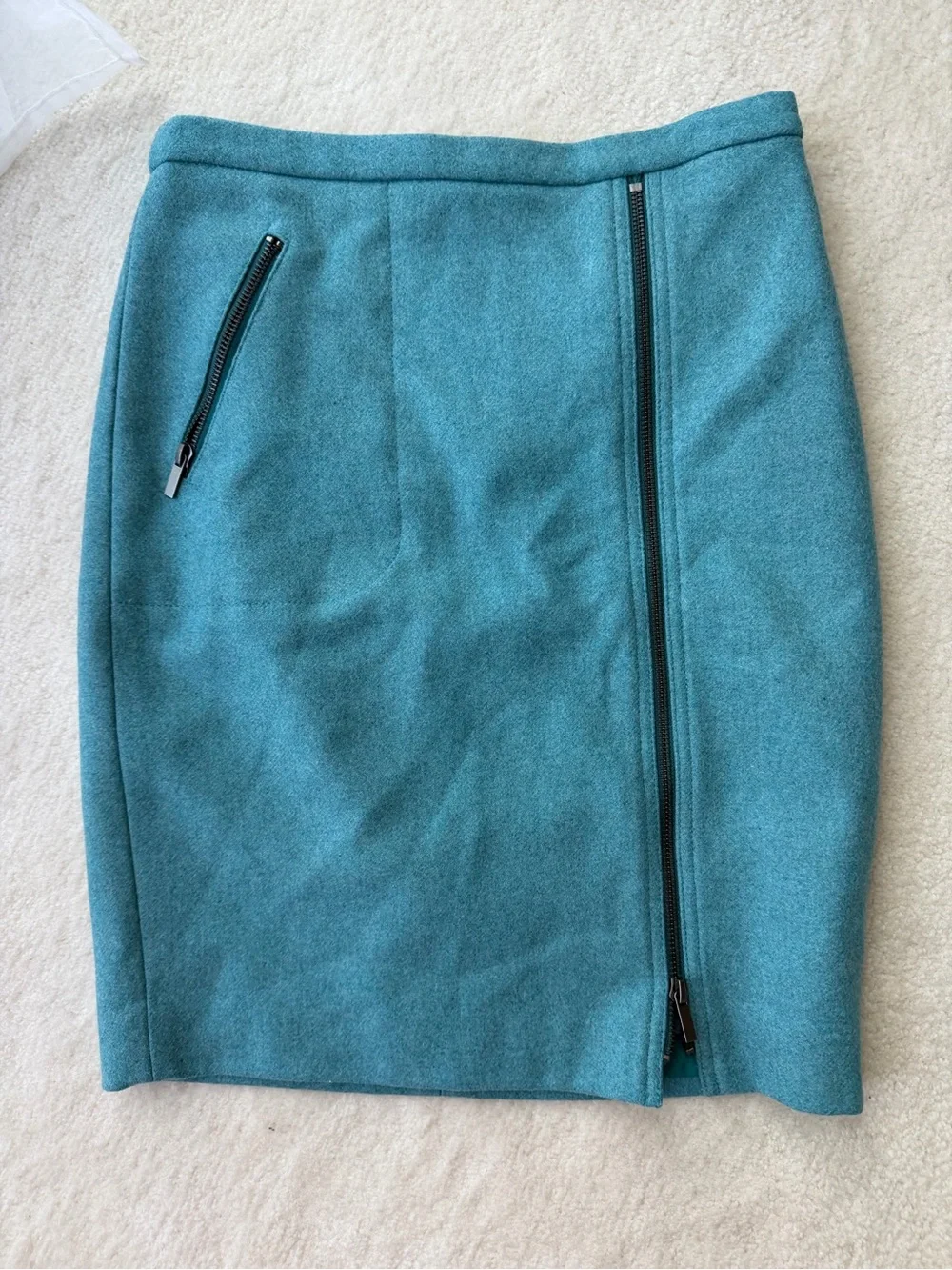 J.Crew Teal Blue Asymmetrical Wool Pencil Skirt Playful Zip Opening Front